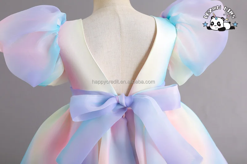 LEZONKIDS - Vestido Chique de Manga Bufante com Cores Arco-íris nas Costas para Meninas com Faixa de Laço na Cintura